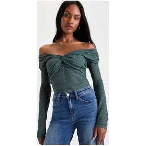 NEW Free People Hold Me Closer Lace Stretch Top In Silver Pine Green Small